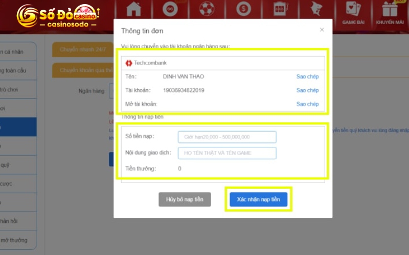 Xác nhận giao dịch nạp tiền Sodocasino